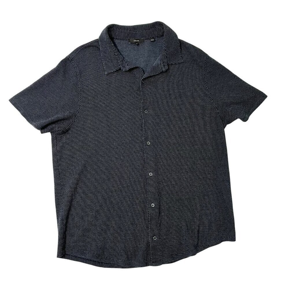 VINCE Jacquard Knit Short Sleeve Button Front Shirt Soft Dark Blue size XXL